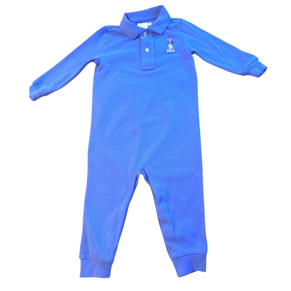 Ralph Lauren Polo Bear Blue Long Sleeve Coverall Romper Snaps 12M Baby Boy